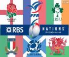 Six Nations Şampiyonası Rugby katılımcı ile logo: Fransa, İskoçya, İngiltere, Galler, İrlanda ve İtalya